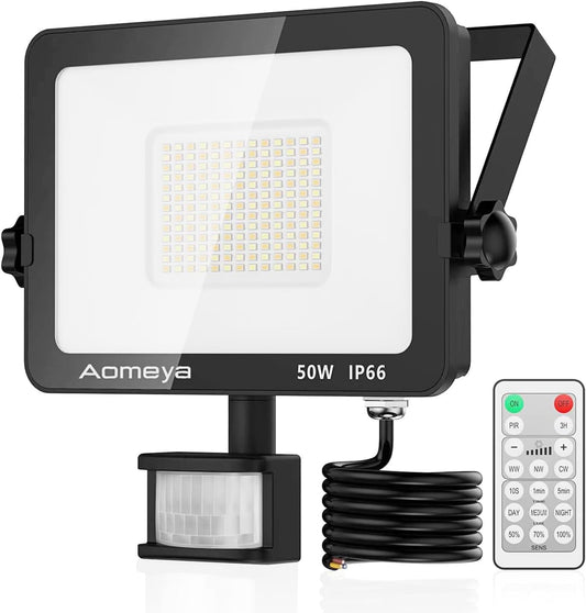 Aomeya Motion Sensor Outdoor Security Light, 50W LED Floodlights with 3 Color Adjustment, IP66 Waterproof with Remote Control for Garden, Backyard, Garage, Doorways